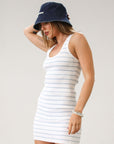 Striped ribbed knit dress. Sleeveless. Unlined. Summer dress. White and blue stripe dress. Beach cover up. Pool Cover up. Vacation dress