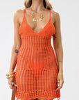 Crochet knit dress. Fixed straps. Unlined. Orange mini dress. Vacation outfit. Beach vacation. Beach coverup. Beach dress.