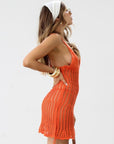 Crochet knit dress. Fixed straps. Unlined. Orange mini dress. Vacation outfit. Beach vacation. Beach coverup. Beach dress.