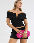 Knit top. Strapless neckline. Front wire. Ruched bodice. Back cut out. Partially lined. black deep v top. black off the should top. going out top.