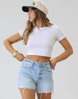 Relaxed high rise vintage shorts. Button fly closure. Distressed. Unlined. No stretch. light wash denim shorts. frayed shorts. mid to high rise shorts