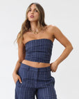 Striped woven top. Strapless side zipper closure. Elastic smocked back. Fully lined. Blue stripe tube top. Summer top. Tops to wear in summer. Tops to wear on vacation