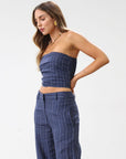 Striped woven top. Strapless side zipper closure. Elastic smocked back. Fully lined. Blue stripe tube top. Summer top. Tops to wear in summer. Tops to wear on vacation