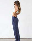 Striped woven wide leg pants. Hook and eye and zipper fly. Side pockets. Unlined. Business casual work pants. Slacks. Blue pants. blue slacks. blue stripe work pants.