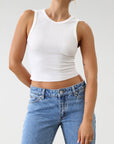 Knit racer back tank top. Lace trim. Lettuce edge hem. Unlined. Basic white tank top. cropped tank. summer shirt.