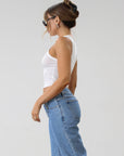 Knit racer back tank top. Lace trim. Lettuce edge hem. Unlined. Basic white tank top. cropped tank. summer shirt.