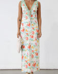 Floral printed satin maxi dress. Sleeveless. Front tie closure. Lace trim. Side zipper closure. Fully lined. Wedding dress. Guest wedding dress. Floral maxi dress. Dress for summer. Dress for vacation