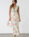 Floral printed satin maxi dress. Sleeveless. Front tie closure. Lace trim. Side zipper closure. Fully lined. Wedding dress. Guest wedding dress. Floral maxi dress. Dress for summer. Dress for vacation