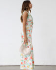 Floral printed satin maxi dress. Sleeveless. Front tie closure. Lace trim. Side zipper closure. Fully lined. Wedding dress. Guest wedding dress. Floral maxi dress. Dress for summer. Dress for vacation