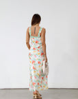 Floral printed satin maxi dress. Sleeveless. Front tie closure. Lace trim. Side zipper closure. Fully lined. Wedding dress. Guest wedding dress. Floral maxi dress. Dress for summer. Dress for vacation