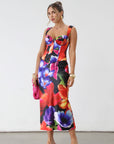 Printed satin midi skirt. Elastic waist. Unlined. floral dress set. floral midi skirt. floral busiter