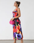 Printed satin midi skirt. Elastic waist. Unlined. floral dress set. floral midi skirt. floral busiter
