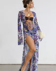 Printed chiffon maxi dress. Long sleeves. Side slits. Low front with tie closure. Unlined. beach cover up. mexico outfit. vacation outfit