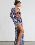 Printed chiffon maxi dress. Long sleeves. Side slits. Low&front with tie closure. Unlined. beach cover up. mexico outfit. vacation outfit