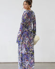 Printed chiffon maxi dress. Long sleeves. Side slits. Low&front with tie closure. Unlined. beach cover up. mexico outfit. vacation outfit
