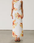 Floral knit mesh maxi dress. Sleeveless. Ruched sides. Fully lined.