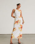 Floral knit mesh maxi dress. Sleeveless. Ruched sides. Fully lined.