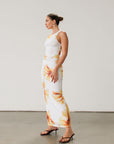 Floral knit mesh maxi dress. Sleeveless. Ruched sides. Fully lined.