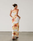 Floral knit mesh maxi dress. Sleeveless. Ruched sides. Fully lined.