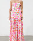 Floral printed crinkle chiffon maxi dress. Elastic neckline. Inner rubber grip lining. Side hook and eye and zipper closures. Partially lined. Guest wedding dress. Floral maxi dress. Floral guest wedding dress. Spring dress. Spring wedding dress. Spring guest wedding dress. Sleeveless guest wedding dress.