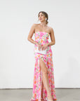 Floral printed crinkle chiffon maxi dress. Elastic neckline. Inner rubber grip lining. Side hook and eye and zipper closures. Partially lined. Guest wedding dress. Floral maxi dress. Floral guest wedding dress. Spring dress. Spring wedding dress. Spring guest wedding dress. Sleeveless guest wedding dress.