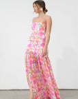 Floral printed crinkle chiffon maxi dress. Elastic neckline. Inner rubber grip lining. Side hook and eye and zipper closures. Partially lined. Guest wedding dress. Floral maxi dress. Floral guest wedding dress. Spring dress. Spring wedding dress. Spring guest wedding dress. Sleeveless guest wedding dress.