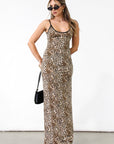 Printed knit maxi dress. Adjustable straps. Unlined. Cheetah dress. Leopard dress. Summer dress