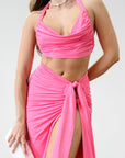 Knit maxi skirt. Knit top. Front keyhole with adjustable tie closure. Front slit. Fully lined. pink dress set. pink set. tan set to wear on vacation. Outfit to wear on vacation. Outfift to wear in Mexico. Mexico outfit. Beach outfit.