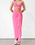 Knit maxi skirt. Knit top. Front keyhole with adjustable tie closure. Front slit. Fully lined. pink dress set. pink set. tan set to wear on vacation. Outfit to wear on vacation. Outfift to wear in Mexico. Mexico outfit. Beach outfit.