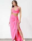 Knit maxi skirt. Knit top. Front keyhole with adjustable tie closure. Front slit. Fully lined. pink dress set. pink set. tan set to wear on vacation. Outfit to wear on vacation. Outfift to wear in Mexico. Mexico outfit. Beach outfit.