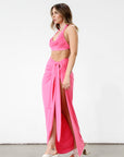 Knit maxi skirt. Knit top. Front keyhole with adjustable tie closure. Front slit. Fully lined. pink dress set. pink set. tan set to wear on vacation. Outfit to wear on vacation. Outfift to wear in Mexico. Mexico outfit. Beach outfit.