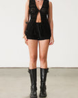 Knit lace sleeveless top. Front button down closure. Unlined.