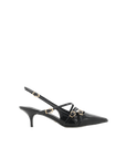low kicked in stiletto heel court style upper with closed pointed toe strappy upper with statement buckle detailing in gold hardware slingback ankle strap with adjustable buckle fastening exposed heel counter synthetic upper, lining and outsole Heel height 5.5cm.