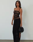 Knit lace maxi skirt. Elastic waist. Ruched sides. Side slit. Fully lined. black lace maxi skirt. going out skirt.