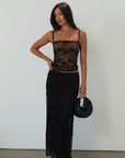 Knit lace maxi skirt. Elastic waist. Ruched sides. Side slit. Fully lined. black lace maxi skirt. going out skirt.