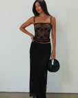 Knit lace tank. Elastic straps. Unlined/sheer. black lace top. black lace tank top. going out top.