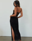 Knit lace maxi skirt. Elastic waist. Ruched sides. Side slit. Fully lined. black lace maxi skirt. going out skirt.