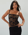 Knit lace tank. Elastic straps. Unlined/sheer. black lace top. black lace tank top. going out top.