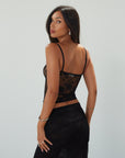 Knit lace tank. Elastic straps. Unlined/sheer. black lace top. black lace tank top. going out top.