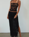 Knit lace maxi skirt. Elastic waist. Ruched sides. Side slit. Fully lined. black lace maxi skirt. going out skirt.