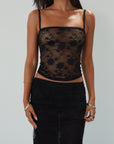 Knit lace tank. Elastic straps. Unlined/sheer. black lace top. black lace tank top. going out top.