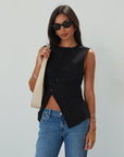 Woven vest. Front button down closure. Back slit. Fully lined. black vest top. summer top. going out top. dressy casual top. cute casual business top. going out top. work from home top. nice dinner top
