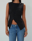 Woven vest. Front button down closure. Back slit. Fully lined. black vest top. summer top. going out top. dressy casual top. cute casual business top. going out top. work from home top. nice dinner top