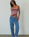 Tie dye knit mesh tube top. Elastic neckline. Side drawstring closure. Asymmetric hem. Partially lined. summer top. summer tube top. pink tube top. mesh tube top. going out top.