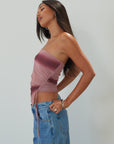Tie dye knit mesh tube top. Elastic neckline. Side drawstring closure. Asymmetric hem. Partially lined. summer top. summer tube top. pink tube top. mesh tube top. going out top.