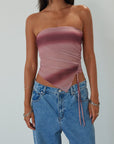 Tie dye knit mesh tube top. Elastic neckline. Side drawstring closure. Asymmetric hem. Partially lined. summer top. summer tube top. pink tube top. mesh tube top. going out top.