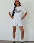 Striped woven shorts. Elastic waistband. Faux front button fly. Side pockets. Fully lined. boxer shorts. cute casual outfit. summer outfit. summer shorts. white and blue boxer shorts. striped boxer shorts