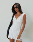 Knit lace sleeveless dress. Back hook and eye and zipper closures. Fully lined. white mini dress. white lace mini dress. engagement dress. bridal shower dress. bridal dress. summer dress