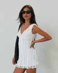 Knit lace sleeveless dress. Back hook and eye and zipper closures. Fully lined. white mini dress. white lace mini dress. engagement dress. bridal shower dress. bridal dress. summer dress