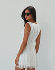 Knit lace sleeveless dress. Back hook and eye and zipper closures. Fully lined. white mini dress. white lace mini dress. engagement dress. bridal shower dress. bridal dress. summer dress